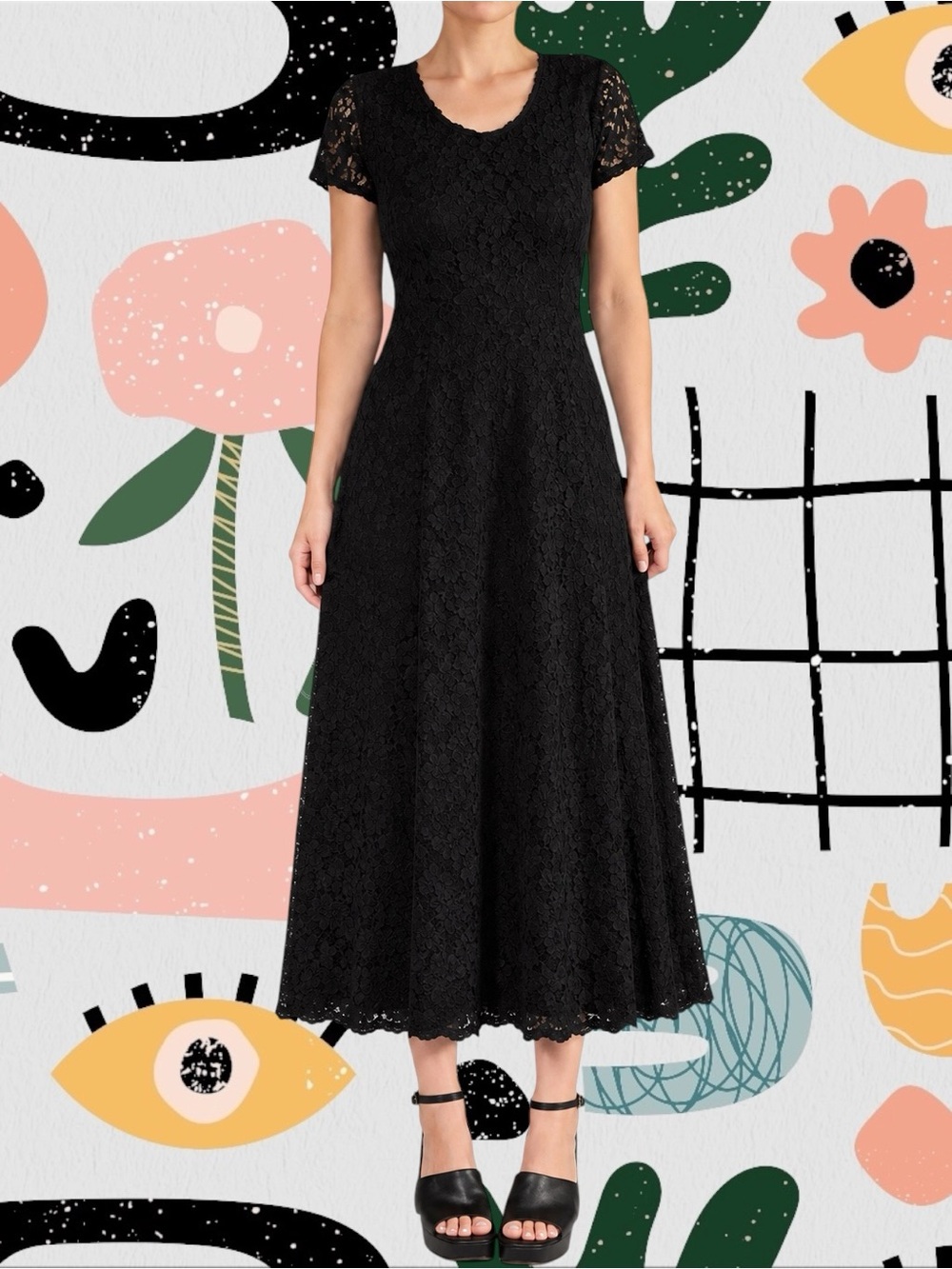 Kleids | Vintage 90s Black Lace Whimsygoth Midi Dress